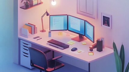 Fototapeta premium An isometric workspace in a small apartment, showing a person using dual monitors for remote meetings, with carefully placed details like sticky notes, a water bottle, and headphones. All elements, 