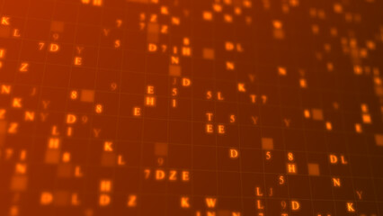 Orange glowing letters and numbers matrix abstract background, horizontal composition. Technology background.