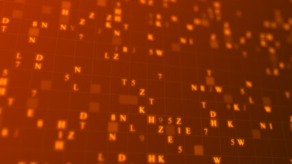 Orange glowing letters and numbers matrix abstract background, horizontal composition. Technology background.