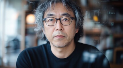 未来的なデジタル要素を備えた日本の電子工学エンジニアの二重露光ポートレート