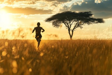 Runner Silhouette in Golden Grassland at Sunset
