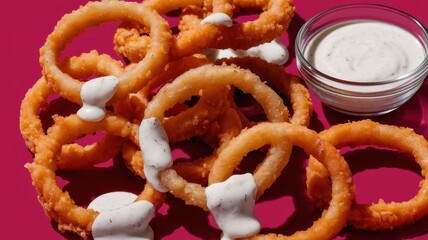 Bowl of white sauce is next to a plate of fried onion rings