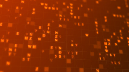 Orange glowing letters and numbers matrix abstract background, horizontal composition. Technology background.