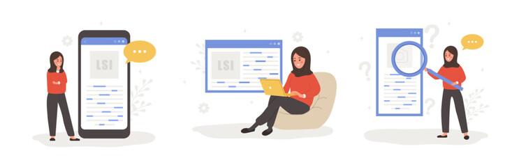 Lsi keyword. Latent Semantic Indexing. Key phrases generator. Set of Vector illustrations in cartoon style. Arabian female characters are engaged and word search optimization
