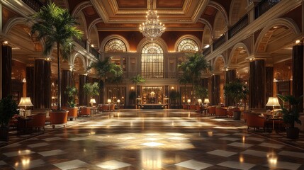 Fototapeta premium Elegant hotel lobby with chandeliers and lush greenery.