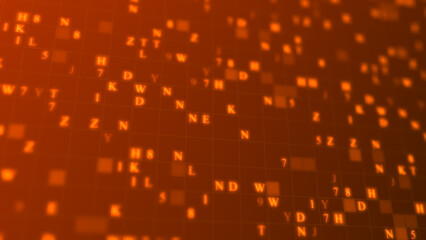 Orange glowing letters and numbers matrix abstract background, horizontal composition. Technology background.