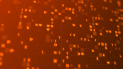 Orange glowing letters and numbers matrix abstract background, horizontal composition. Technology background.