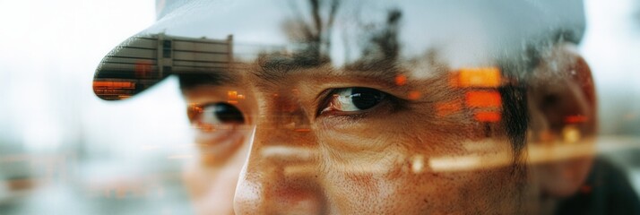 都市の景観と自然を映し出す日本の税関職員の二重露光