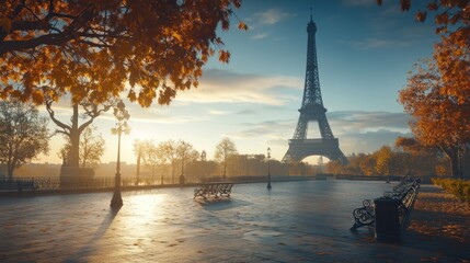 Obraz premium A serene morning view of the Eiffel Tower surrounded by autumn foliage and benches.