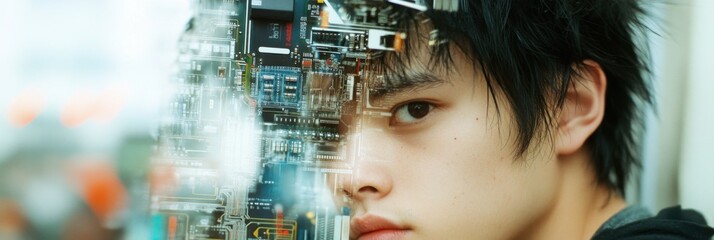 回路基板のコンセプトを持つ電子技術者の二重露光