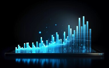 Fototapeta premium A 3D graph visualizing data trends with glowing bars and particles against a dark background.