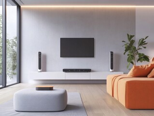 Modern living room interior with a large flat screen TV and minimalist furniture.