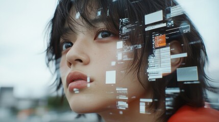 ITコンサルタントと未来的なインターフェースの二重露出によるデジタルイノベーションコンセプト