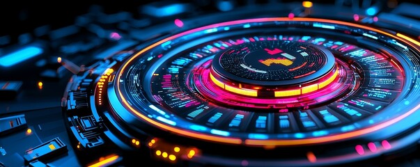 A vibrant digital interface featuring circular elements, glowing lights, and intricate patterns, creating a futuristic aesthetic.