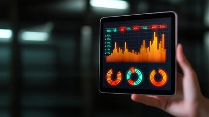 A vibrant digital display shows data visualizations, including graphs and circular metrics, on a tablet device held in a dimly lit environment.