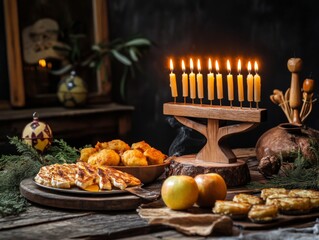 Obraz premium Festive Table Setting with Menorah, Fried Foods, and Apples