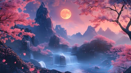 Traditional purple mountains pink cherry blossom tree illustration poster background