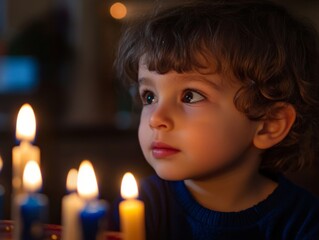 A Young Boy Gazing at Lit Candles with Wonder