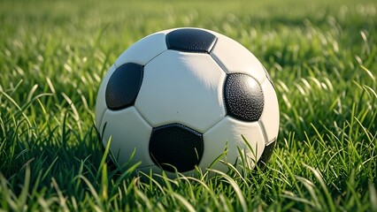 A close-up of a soccer ball on a grassy field - A realistic illustration of a classic black and white soccer ball placed on lush, green grass, with sunlight casting soft shadows on the surface.