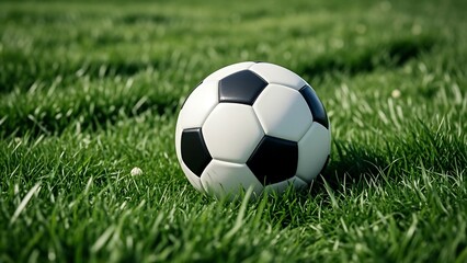 Fototapeta premium A close-up of a soccer ball on a grassy field - A realistic illustration of a classic black and white soccer ball placed on lush, green grass, with sunlight casting soft shadows on the surface.