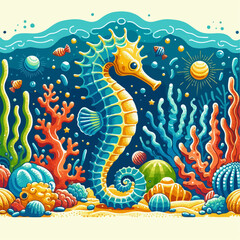 Illustration of a cartoon sea horse