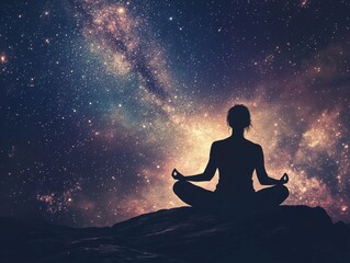 Silhouette of a woman meditating against a starry night sky