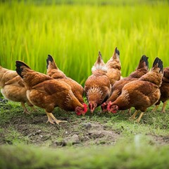 Fototapeta premium These happy hens are enjoying the good life! Free-range and feeding on natural grains, this is what ethically-sourced poultry looks like