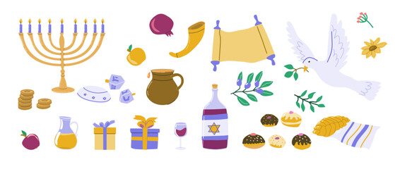 Hanukkah celebration elements: menorah, dreidel, gifts and traditional symbols illustrated.