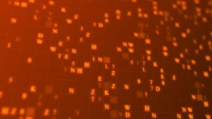 Orange glowing letters and numbers matrix abstract background, horizontal composition. Technology background.