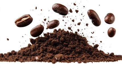 Obraz premium A dynamic display of coffee beans and ground coffee, showcasing freshness and flavor.