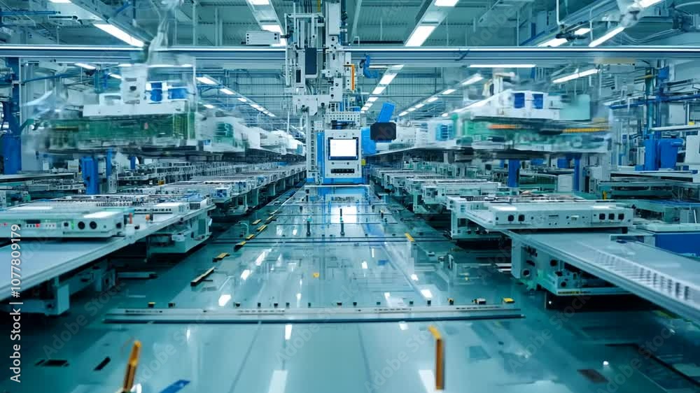 Poster automated assembly line in a semiconductor electronics factory generative ai
