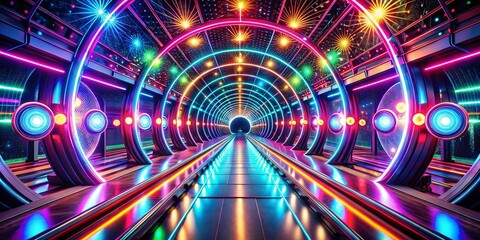 Obraz premium A vibrant and luminous futuristic corridor with glowing neon lights and a sleek metallic surface, creating a mesmerizing and otherworldly ambiance.