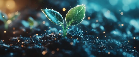 A single green sprout grows from dark soil with glowing bokeh in the background.