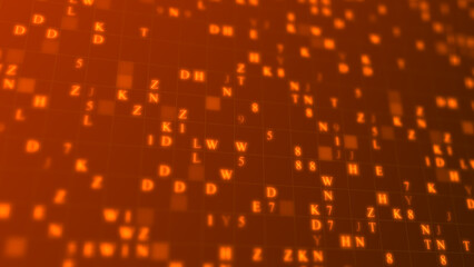 Orange glowing letters and numbers matrix abstract background, horizontal composition. Technology background.