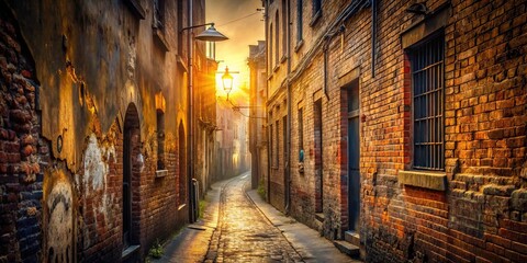 Obraz premium Golden Light Bathes the Cobblestone Alleyway as the Sun Sets, Casting Long Shadows on Weathered Brick Walls
