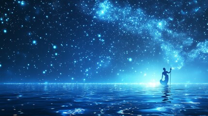 A serene scene of a silhouetted figure by a glowing ocean under a starry sky.