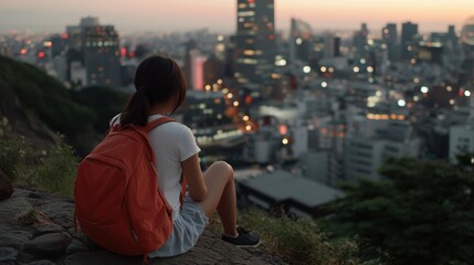Fototapeta premium 春の都会の風景を眺めながら瞑想する夜