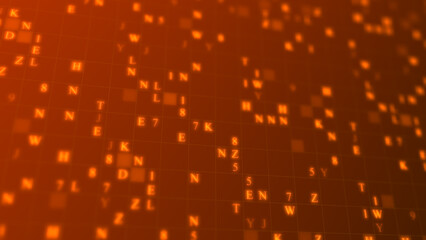 Orange glowing letters and numbers matrix abstract background, horizontal composition. Technology background.