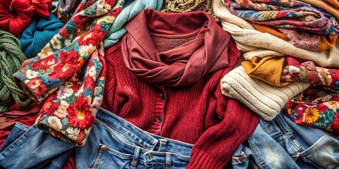 A tapestry of textures, a symphony of autumn hues, where knitted threads intertwine with denim and floral patterns, creating a cozy and visually captivating scene.