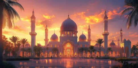 A Grand Mosque with Palm Trees Under a Sunset Sky