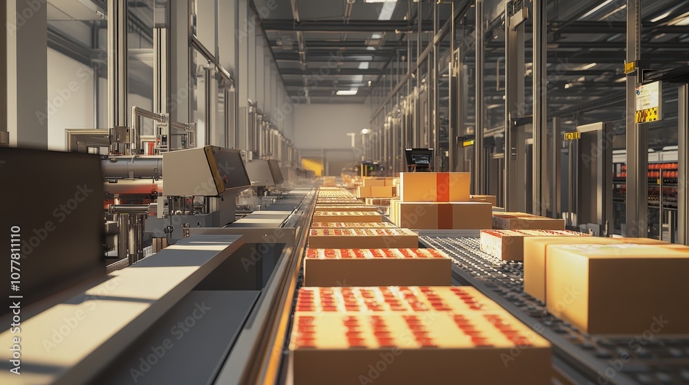 Poster an automated production line for packaging food items, showing how machines handle the final stages 