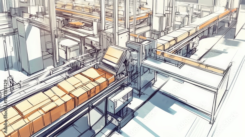 Poster an automated production line for packaging food items, showing how machines handle the final stages 