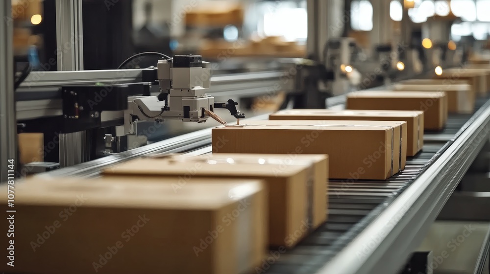Poster an automated production line for packaging food items, showing how machines handle the final stages 
