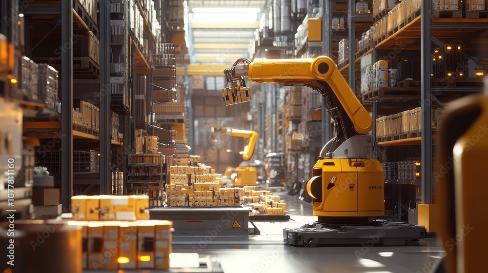 Poster an automated warehouse with robots picking and sorting goods, illustrating the role of automation an