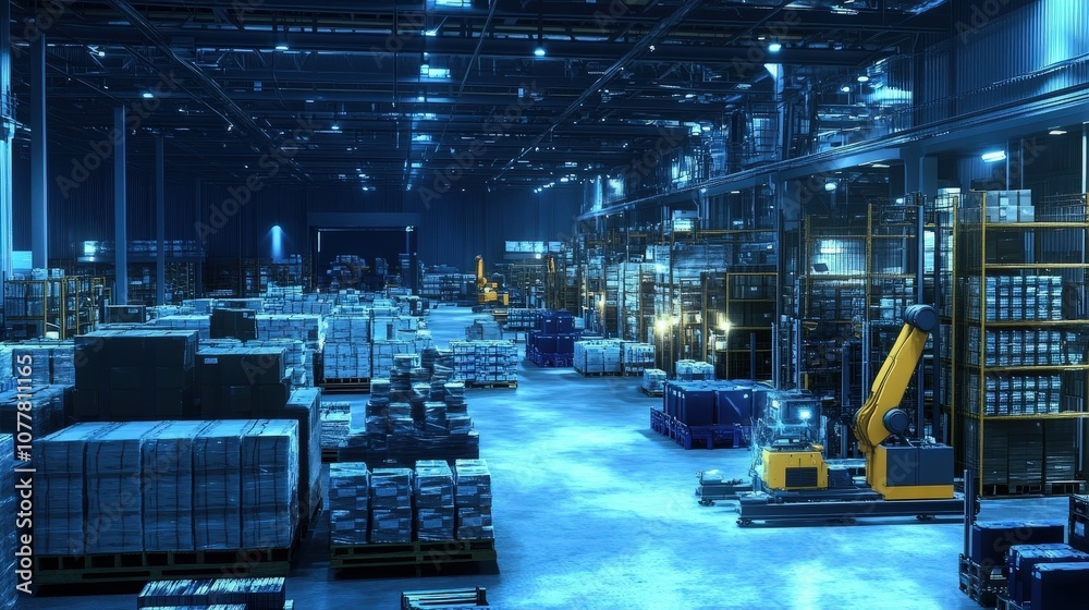 Poster an automated warehouse with robots picking and sorting goods, illustrating the role of automation an
