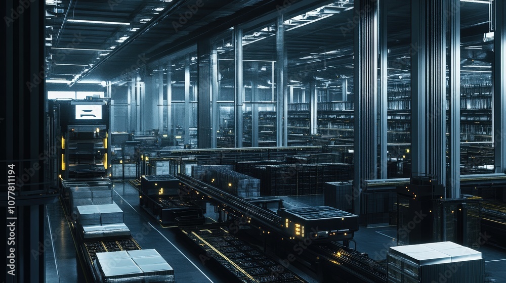 Poster an automated warehouse with robots picking and sorting goods, illustrating the role of automation an
