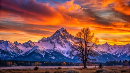 A solitary tree stands tall against the backdrop of snow-capped peaks, bathed in the warm glow of a vibrant sunset.