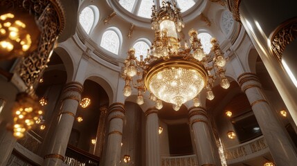 A grand interior featuring a large chandelier and ornate columns under a dome.