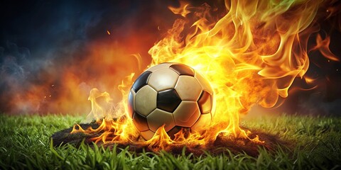 Fototapeta premium A leather sphere ablaze, igniting the green grass with a fiery intensity, symbolizing a passion for the game that burns bright.