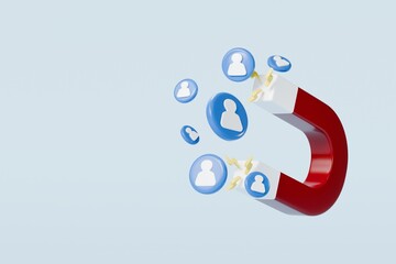 3d Magnet attracting people icon symbol. Digital social marketing, Customer attraction people with magnet, attracting followers, business strategy, subscriber counting. Recruitment concept. 3d render.